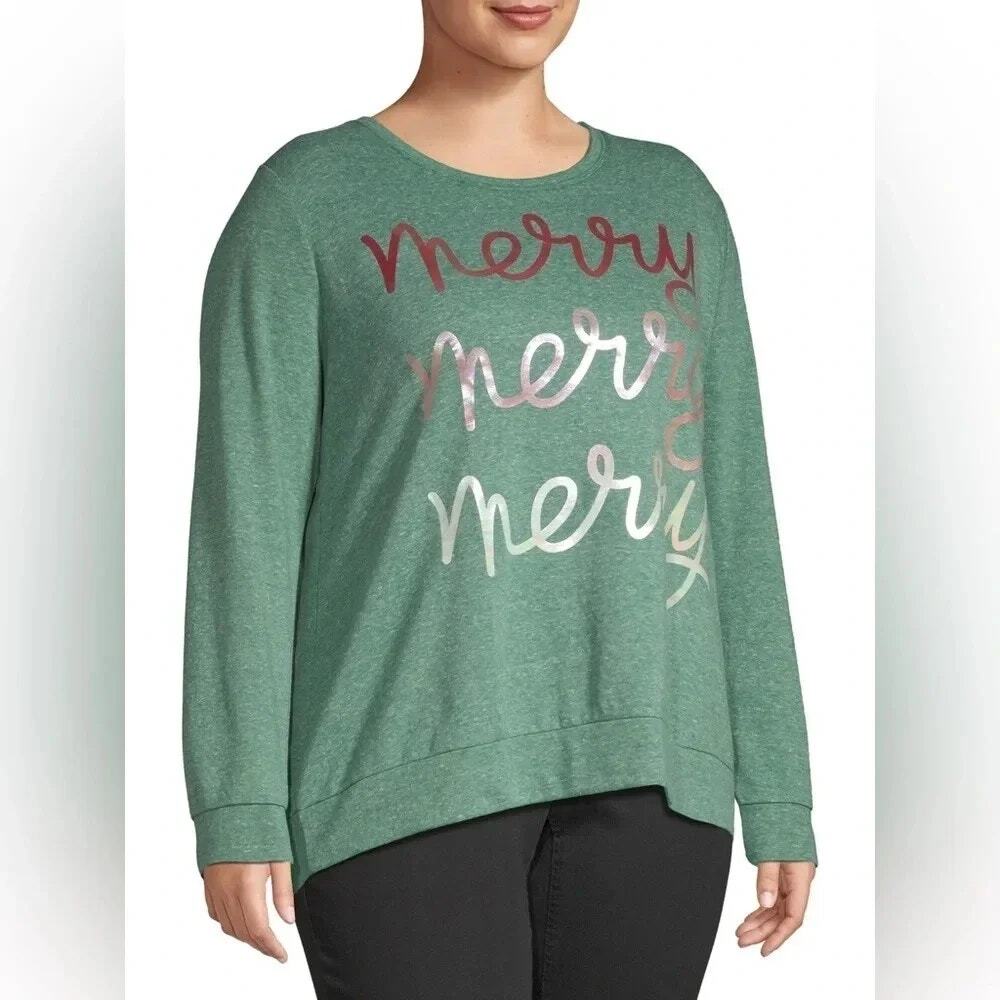 Holiday Time Green Merry Lightweight Terry Sweatshirt Women's Size 1X